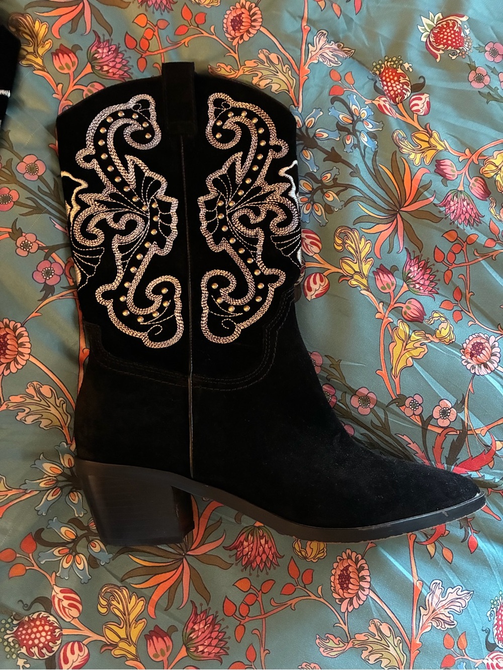 Dolce Vita Black Suede Embellished Western Heeled Boots - Picture 6 of 12